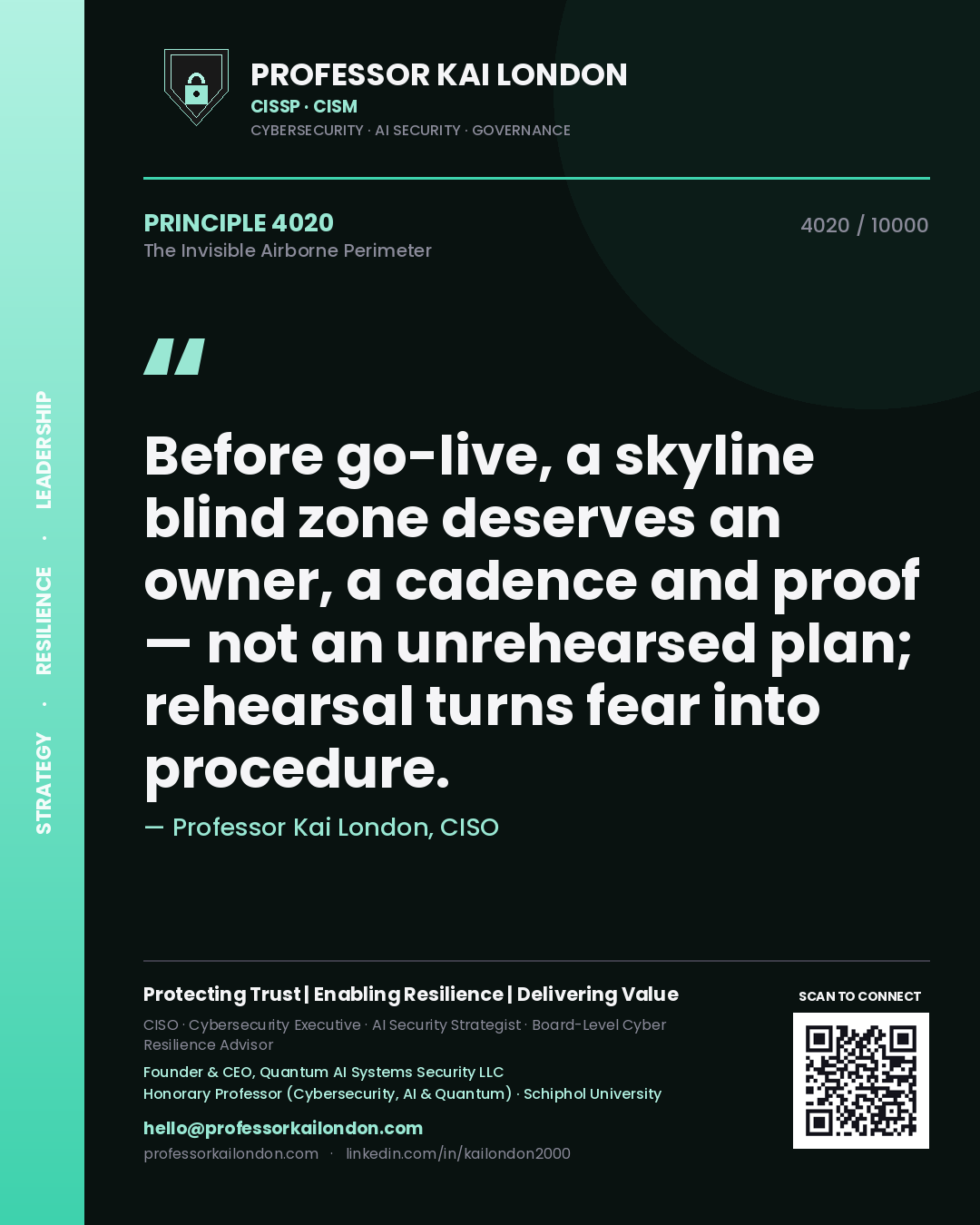 Professor Kai London principle 4020: Before go-live, a skyline blind zone deserves an owner, a cadence and proof — not an unrehearsed plan; rehearsal turns fear into procedure.