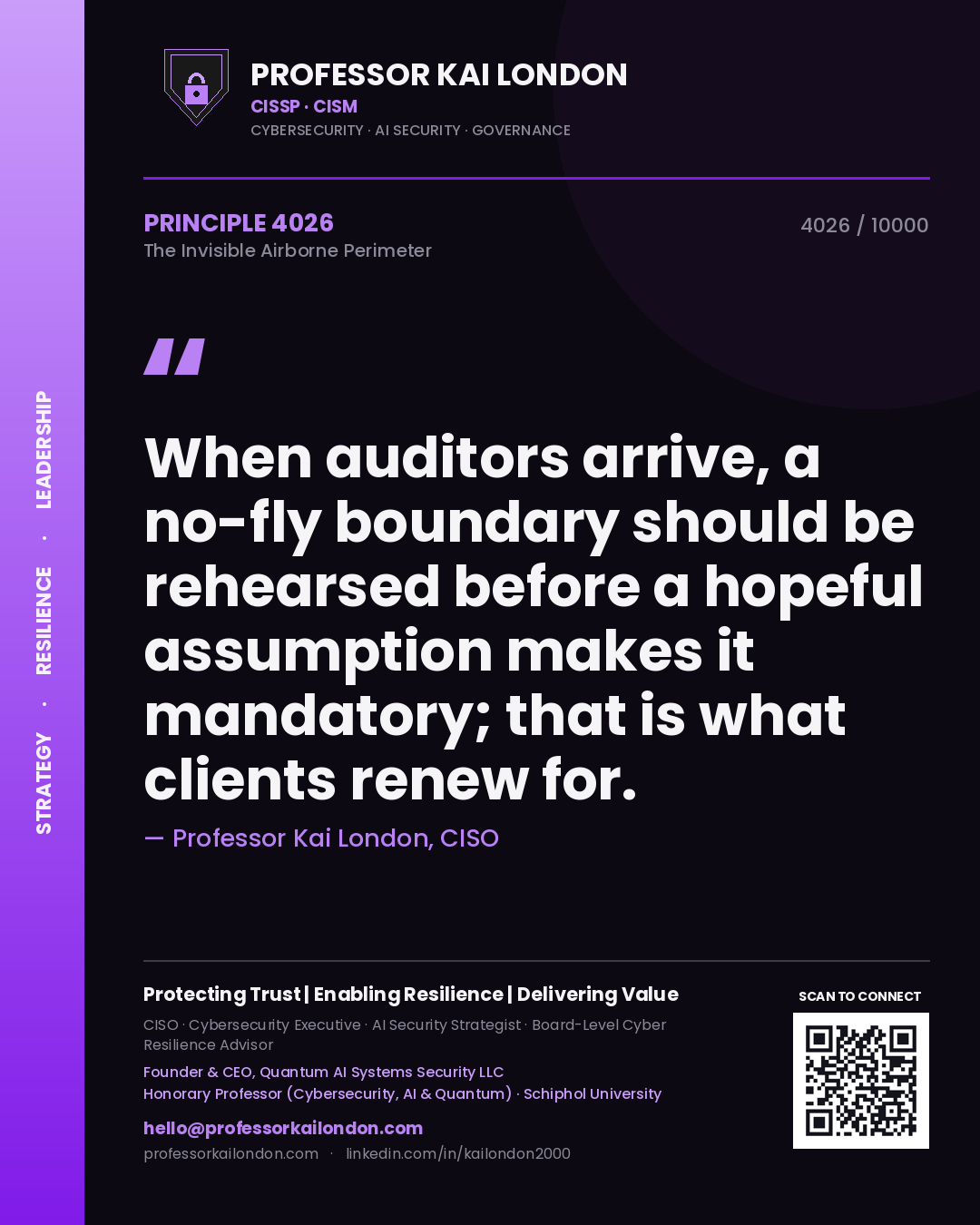 Professor Kai London principle 4026: When auditors arrive, a no-fly boundary should be rehearsed before a hopeful assumption makes it mandatory; that is what clients renew for.