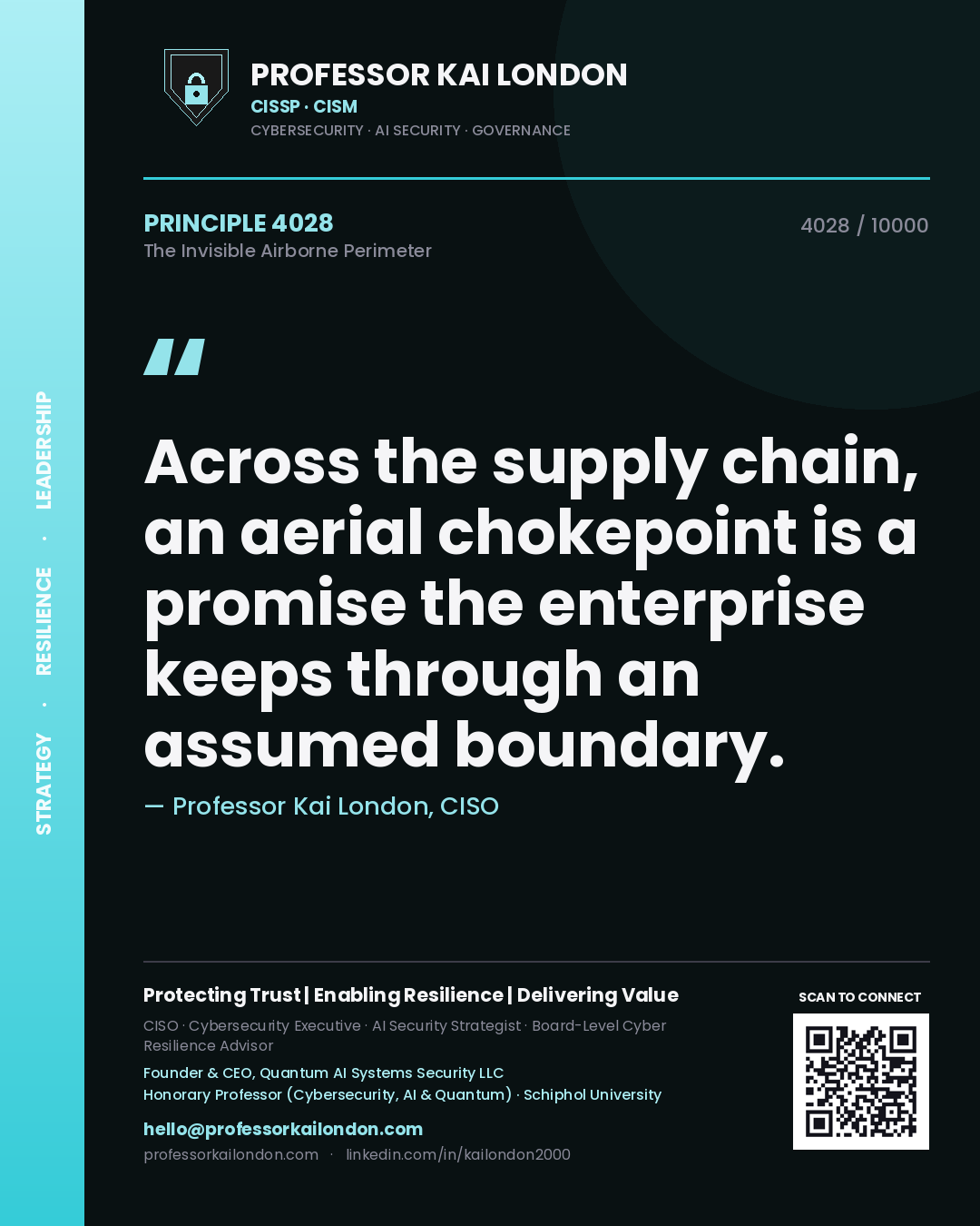 Quote card by Professor Kai London reading 'Across the supply chain, an aerial chokepoint is a promise the enterprise keeps through an assumed boundary.'. From the book The Invisible Airborne Perimeter.