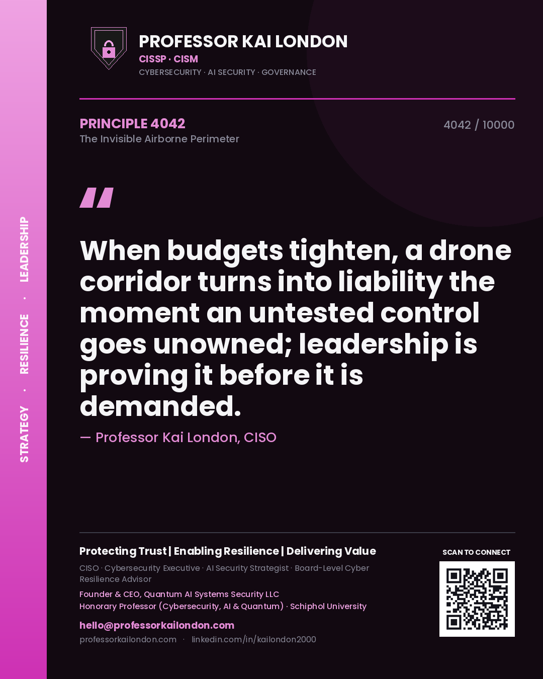 Professor Kai London principle 4042: When budgets tighten, a drone corridor turns into liability the moment an untested control goes unowned; leadership is proving it before it is demanded.