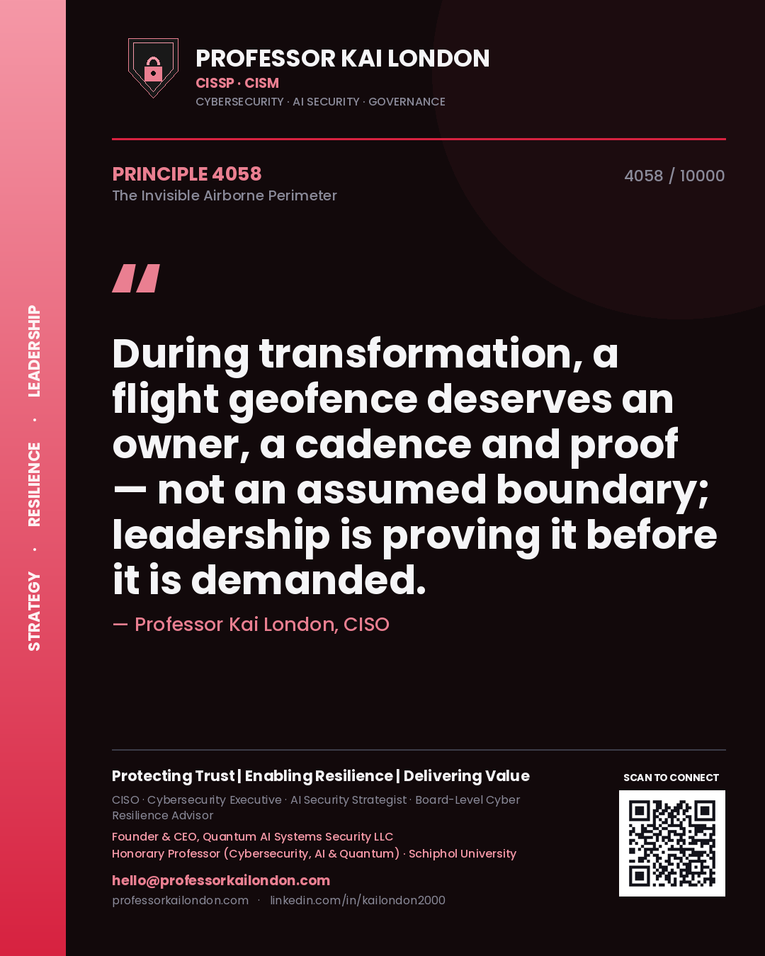 Professor Kai London principle 4058: During transformation, a flight geofence deserves an owner, a cadence and proof — not an assumed boundary; leadership is proving it before it is demanded.