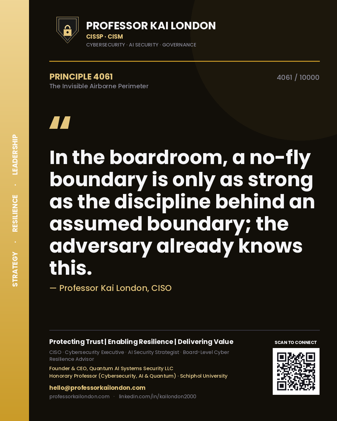 Quote card by Professor Kai London reading 'In the boardroom, a no-fly boundary is only as strong as the discipline behind an assumed boundary; the adversary already knows this.'. From the book The Invisible Airborne Perimeter.