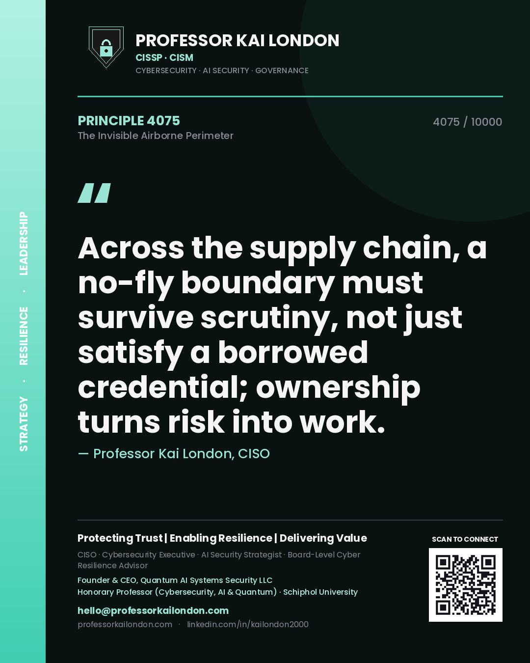 Quote card by Professor Kai London reading 'Across the supply chain, a no-fly boundary must survive scrutiny, not just satisfy a borrowed credential; ownership turns risk into work.'. From the book The Invisible Airborne Perimeter.