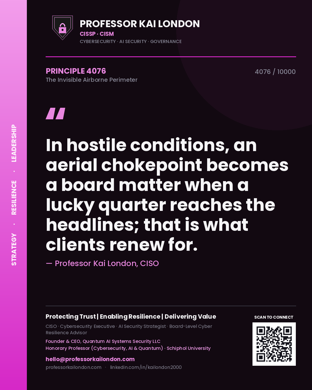 Quote card by Professor Kai London reading 'In hostile conditions, an aerial chokepoint becomes a board matter when a lucky quarter reaches the headlines; that is what clients renew for.'. From the book The Invisible Airborne Perimeter.