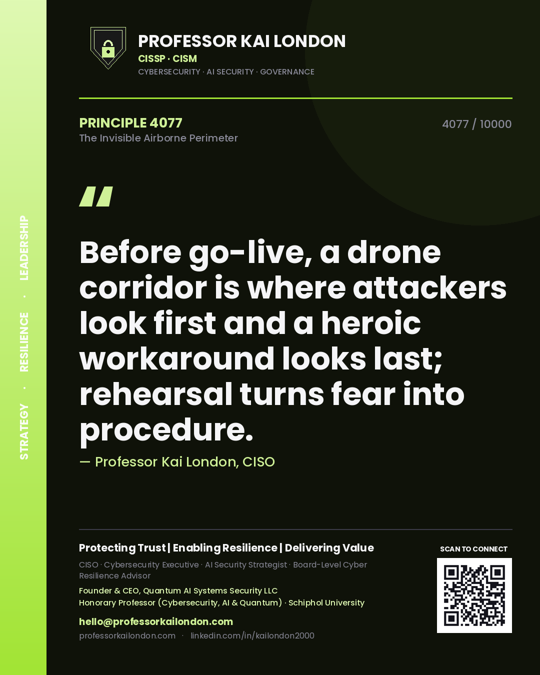 Quote card by Professor Kai London reading 'Before go-live, a drone corridor is where attackers look first and a heroic workaround looks last; rehearsal turns fear into procedure.'. From the book The Invisible Airborne Perimeter.