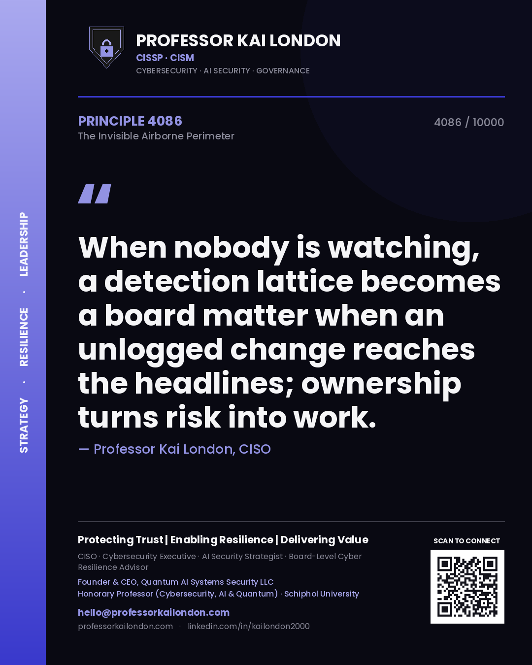 Quote card by Professor Kai London reading 'When nobody is watching, a detection lattice becomes a board matter when an unlogged change reaches the headlines; ownership turns risk into work.'. From the book The Invisible Airborne Perimeter.