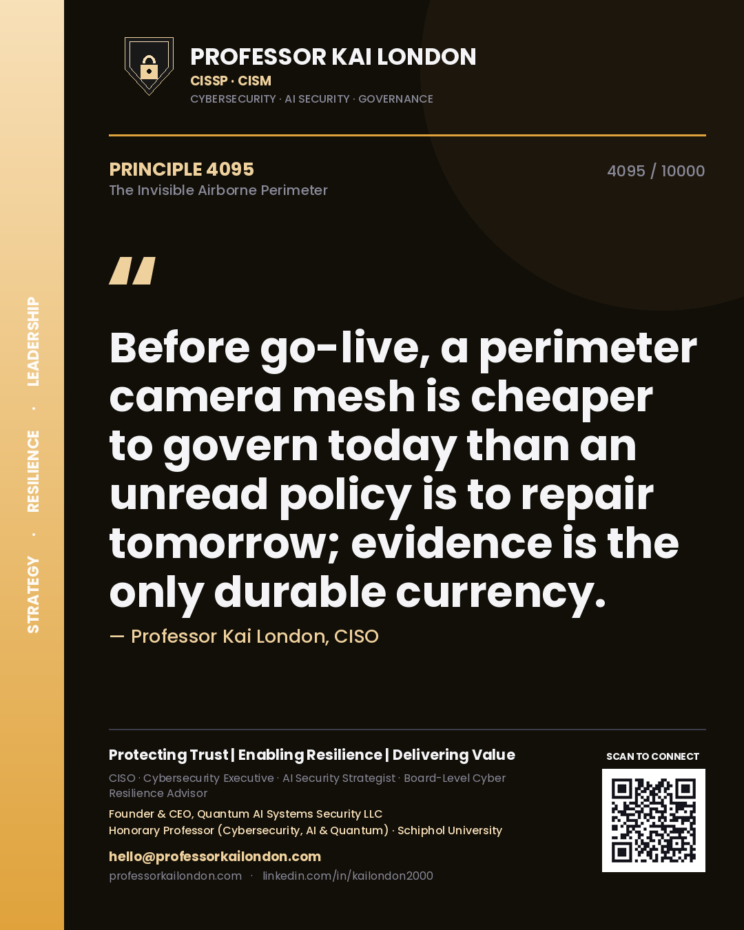 Quote card by Professor Kai London reading 'Before go-live, a perimeter camera mesh is cheaper to govern today than an unread policy is to repair tomorrow; evidence is the only durable currency.'. From the book The Invisible Airborne Perimeter.