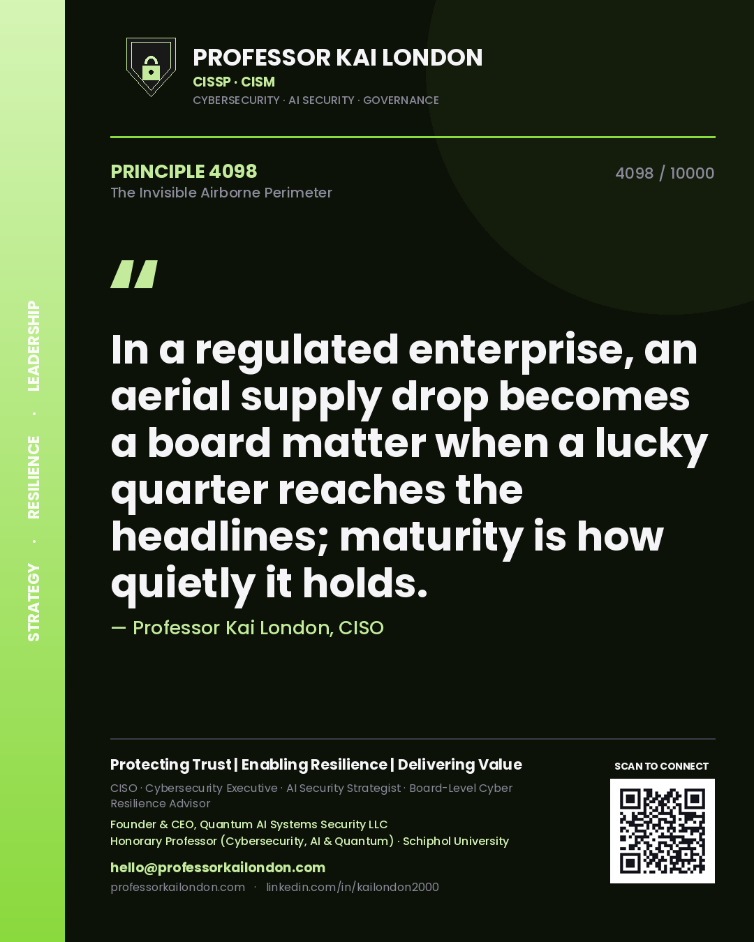 Professor Kai London principle 4098: In a regulated enterprise, an aerial supply drop becomes a board matter when a lucky quarter reaches the headlines; maturity is how quietly it holds.