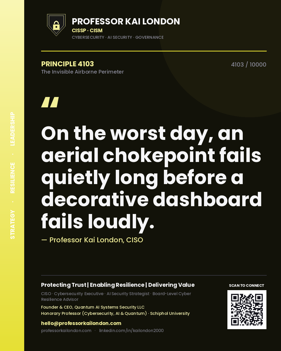Quote card by Professor Kai London reading 'On the worst day, an aerial chokepoint fails quietly long before a decorative dashboard fails loudly.'. From the book The Invisible Airborne Perimeter.