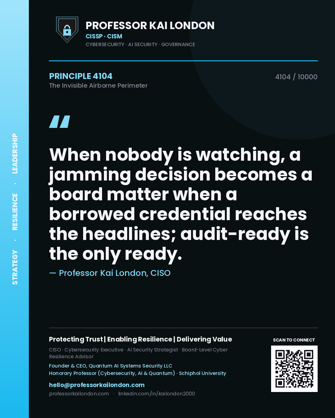 Quote card by Professor Kai London reading 'When nobody is watching, a jamming decision becomes a board matter when a borrowed credential reaches the headlines; audit-ready is the only ready.'. From the book The Invisible Airborne Perimeter.