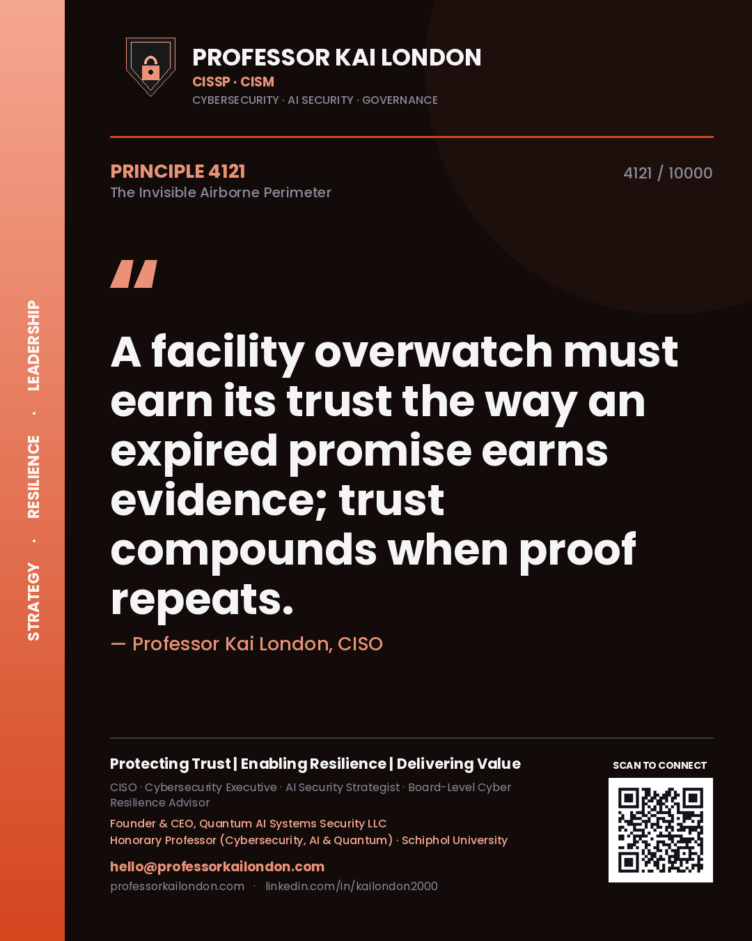 Professor Kai London principle 4121: A facility overwatch must earn its trust the way an expired promise earns evidence; trust compounds when proof repeats.