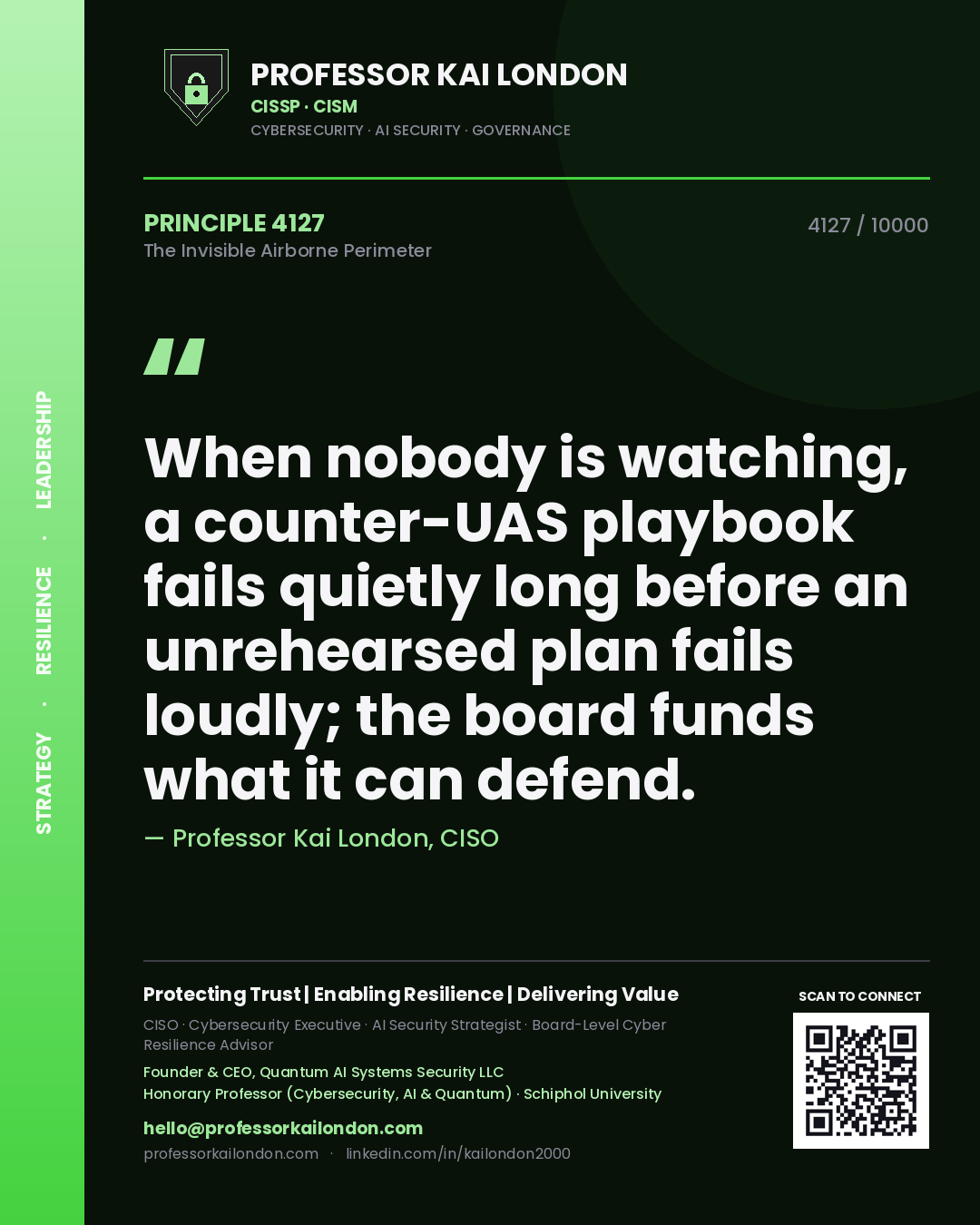 Professor Kai London principle 4127: When nobody is watching, a counter-UAS playbook fails quietly long before an unrehearsed plan fails loudly; the board funds what it can defend.