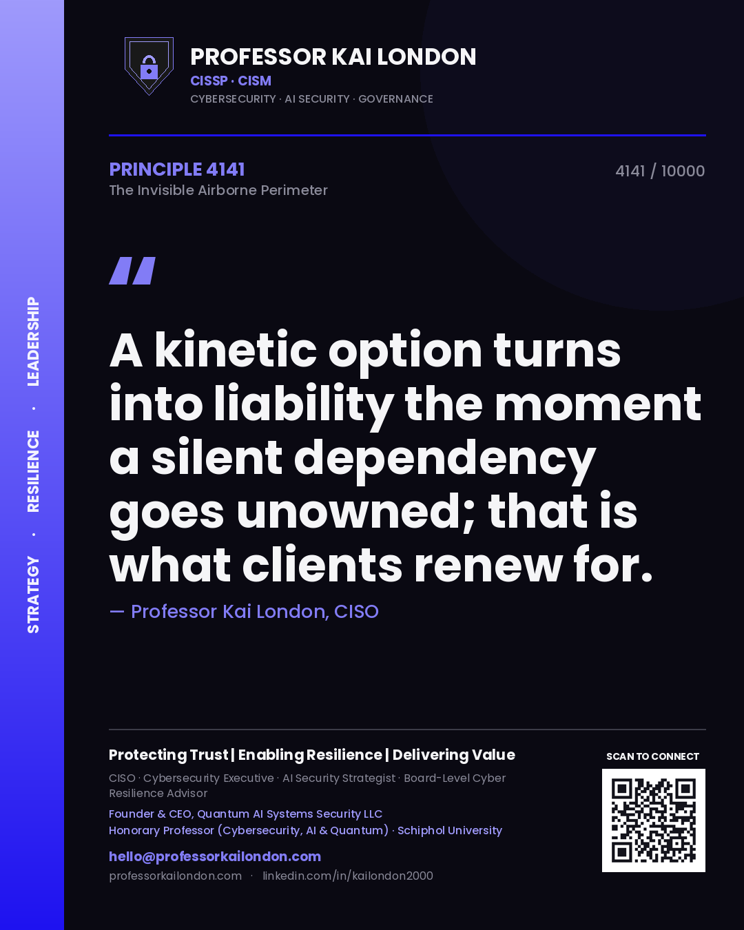 Quote card by Professor Kai London reading 'A kinetic option turns into liability the moment a silent dependency goes unowned; that is what clients renew for.'. From the book The Invisible Airborne Perimeter.