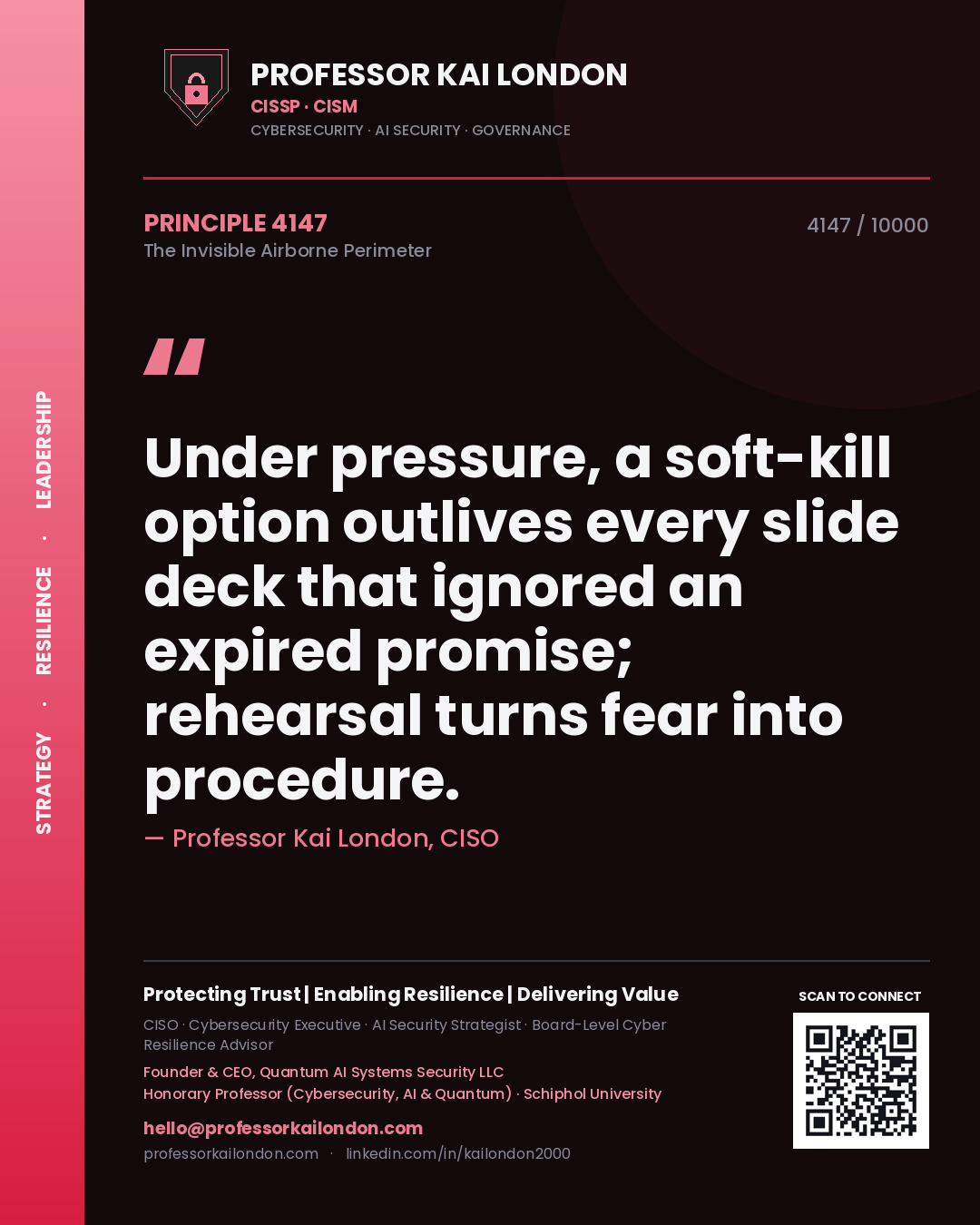 Quote card by Professor Kai London reading 'Under pressure, a soft-kill option outlives every slide deck that ignored an expired promise; rehearsal turns fear into procedure.'. From the book The Invisible Airborne Perimeter.
