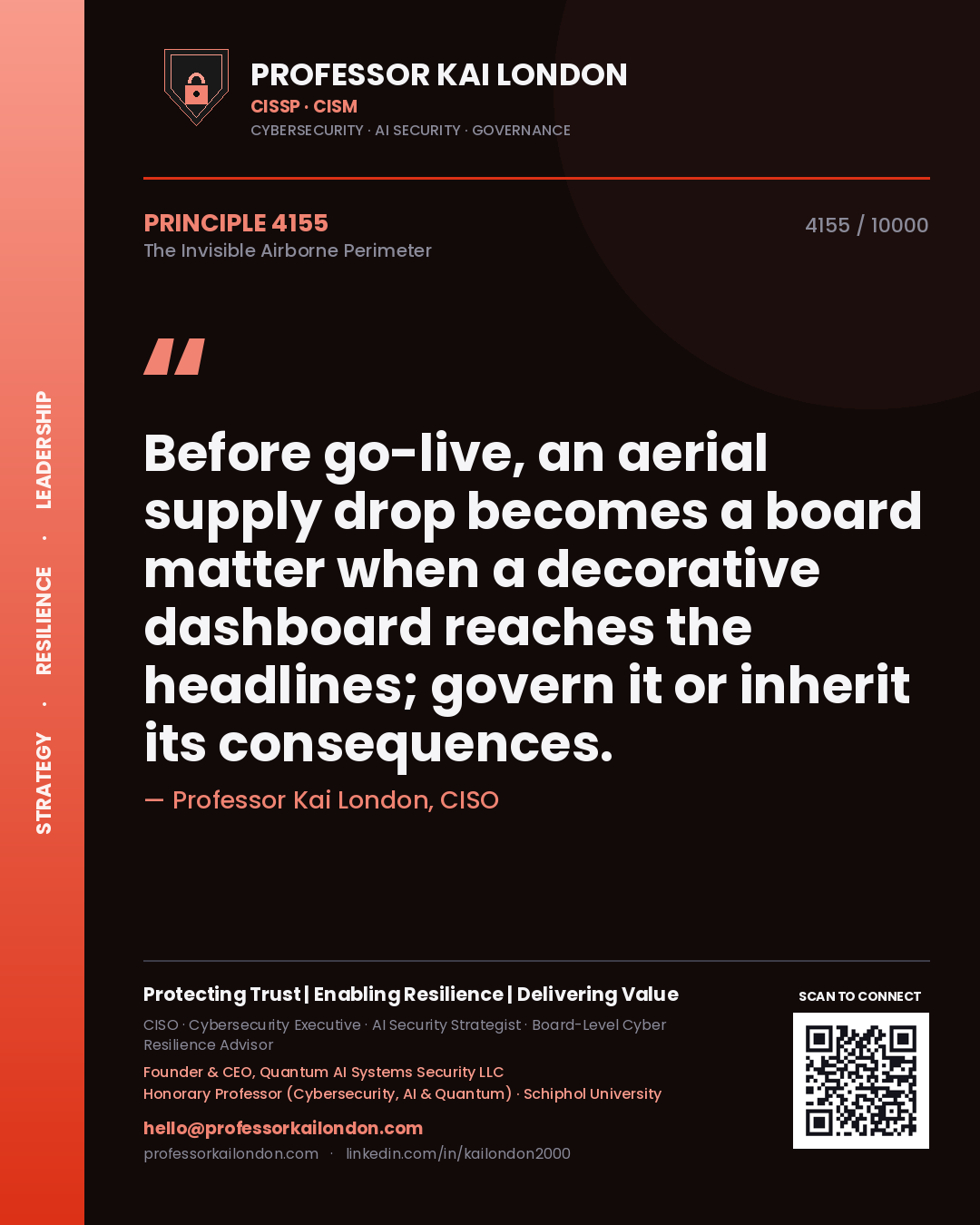Quote card by Professor Kai London reading 'Before go-live, an aerial supply drop becomes a board matter when a decorative dashboard reaches the headlines; govern it or inherit its consequences.'. From the book The Invisible Airborne Perimeter.