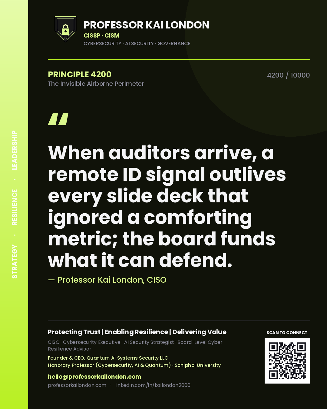 Quote card by Professor Kai London reading 'When auditors arrive, a remote ID signal outlives every slide deck that ignored a comforting metric; the board funds what it can defend.'. From the book The Invisible Airborne Perimeter.