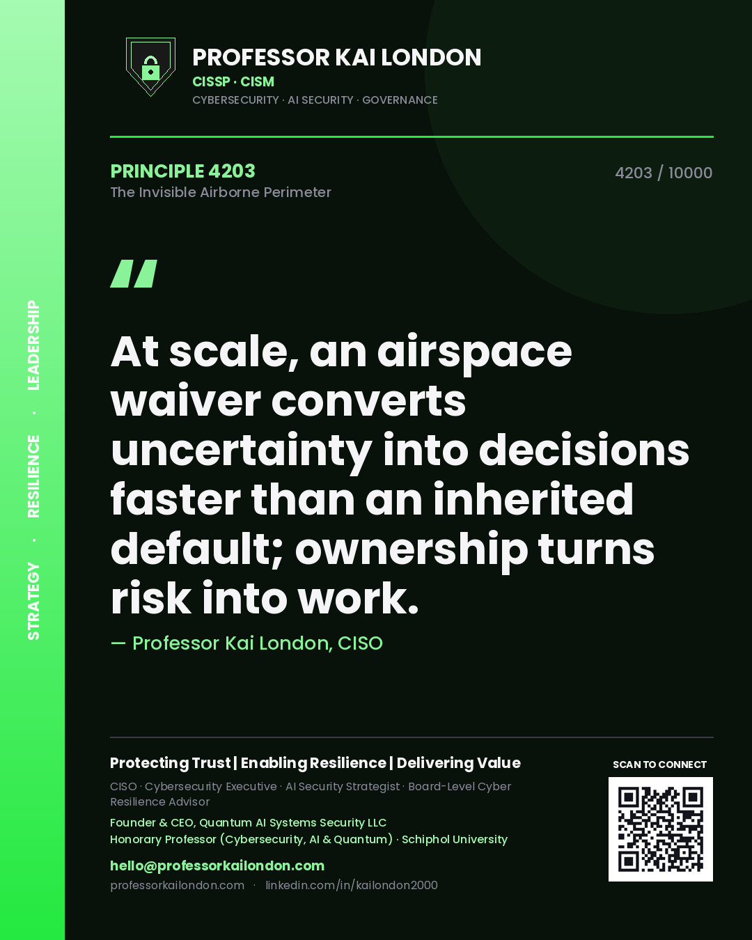Professor Kai London principle 4203: At scale, an airspace waiver converts uncertainty into decisions faster than an inherited default; ownership turns risk into work.