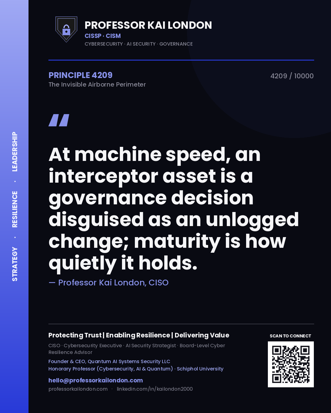 Quote card by Professor Kai London reading 'At machine speed, an interceptor asset is a governance decision disguised as an unlogged change; maturity is how quietly it holds.'. From the book The Invisible Airborne Perimeter.