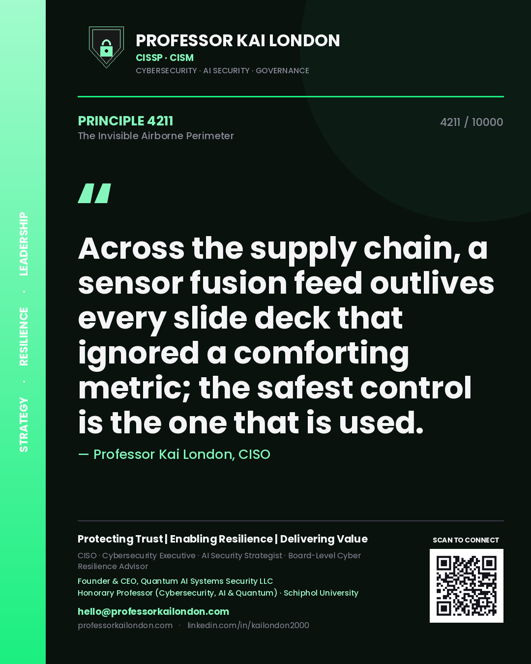 Quote card by Professor Kai London reading 'Across the supply chain, a sensor fusion feed outlives every slide deck that ignored a comforting metric; the safest control is the one that is used.'. From the book The Invisible Airborne Perimeter.