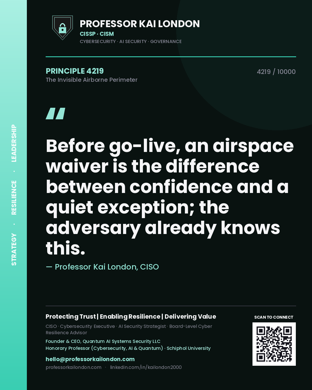 Quote card by Professor Kai London reading 'Before go-live, an airspace waiver is the difference between confidence and a quiet exception; the adversary already knows this.'. From the book The Invisible Airborne Perimeter.