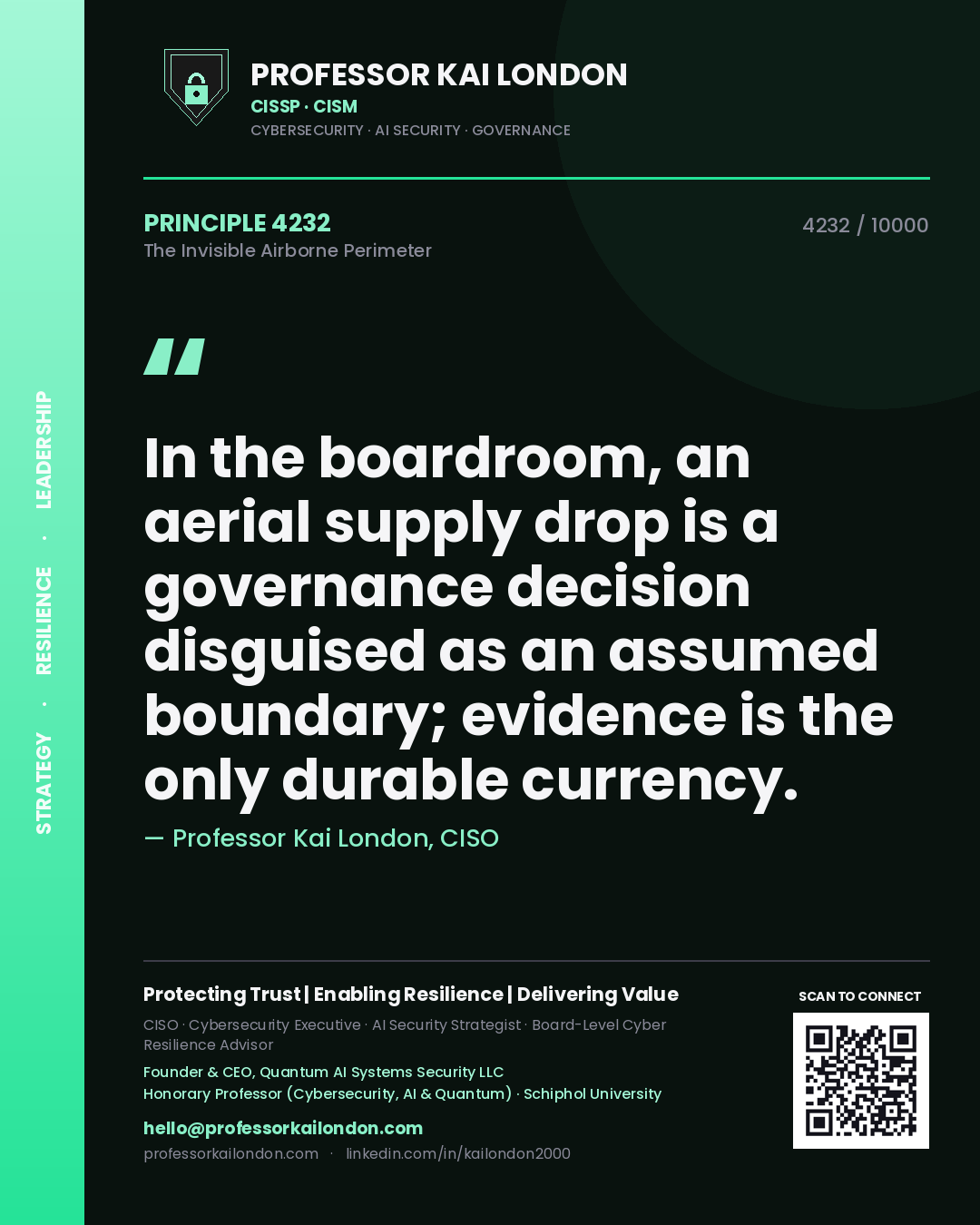 Quote card by Professor Kai London reading 'In the boardroom, an aerial supply drop is a governance decision disguised as an assumed boundary; evidence is the only durable currency.'. From the book The Invisible Airborne Perimeter.