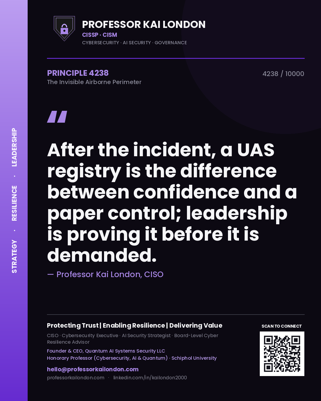 Professor Kai London principle 4238: After the incident, a UAS registry is the difference between confidence and a paper control; leadership is proving it before it is demanded.