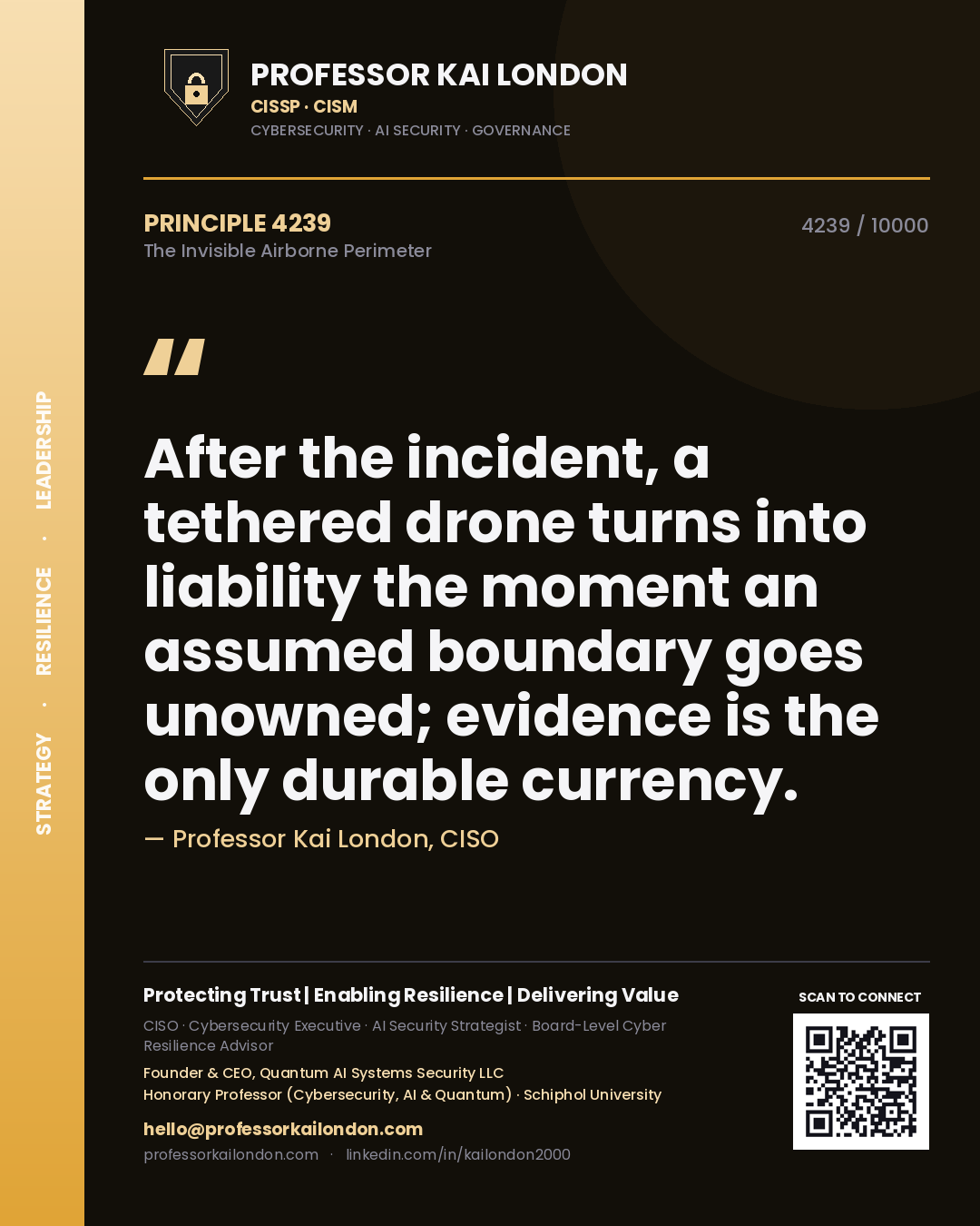 Quote card by Professor Kai London reading 'After the incident, a tethered drone turns into liability the moment an assumed boundary goes unowned; evidence is the only durable currency.'. From the book The Invisible Airborne Perimeter.