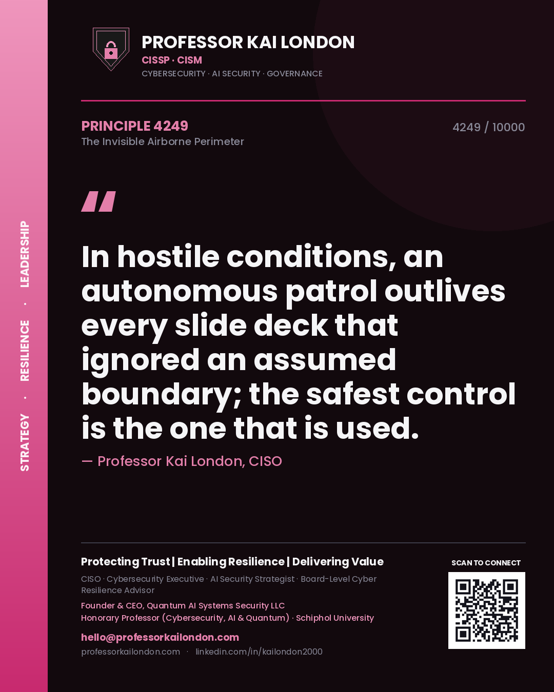 Professor Kai London principle 4249: In hostile conditions, an autonomous patrol outlives every slide deck that ignored an assumed boundary; the safest control is the one that is used.
