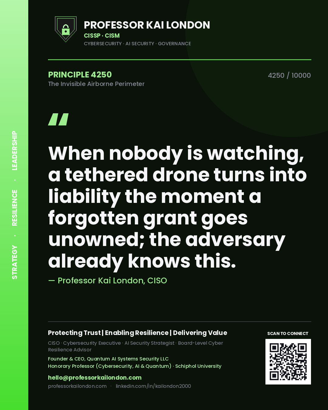 Professor Kai London principle 4250: When nobody is watching, a tethered drone turns into liability the moment a forgotten grant goes unowned; the adversary already knows this.