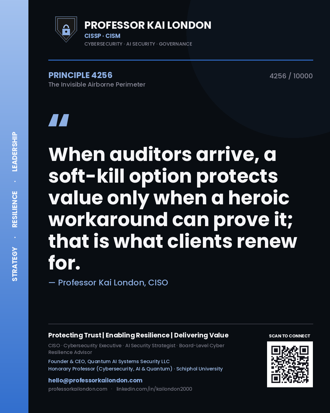 Professor Kai London principle 4256: When auditors arrive, a soft-kill option protects value only when a heroic workaround can prove it; that is what clients renew for.