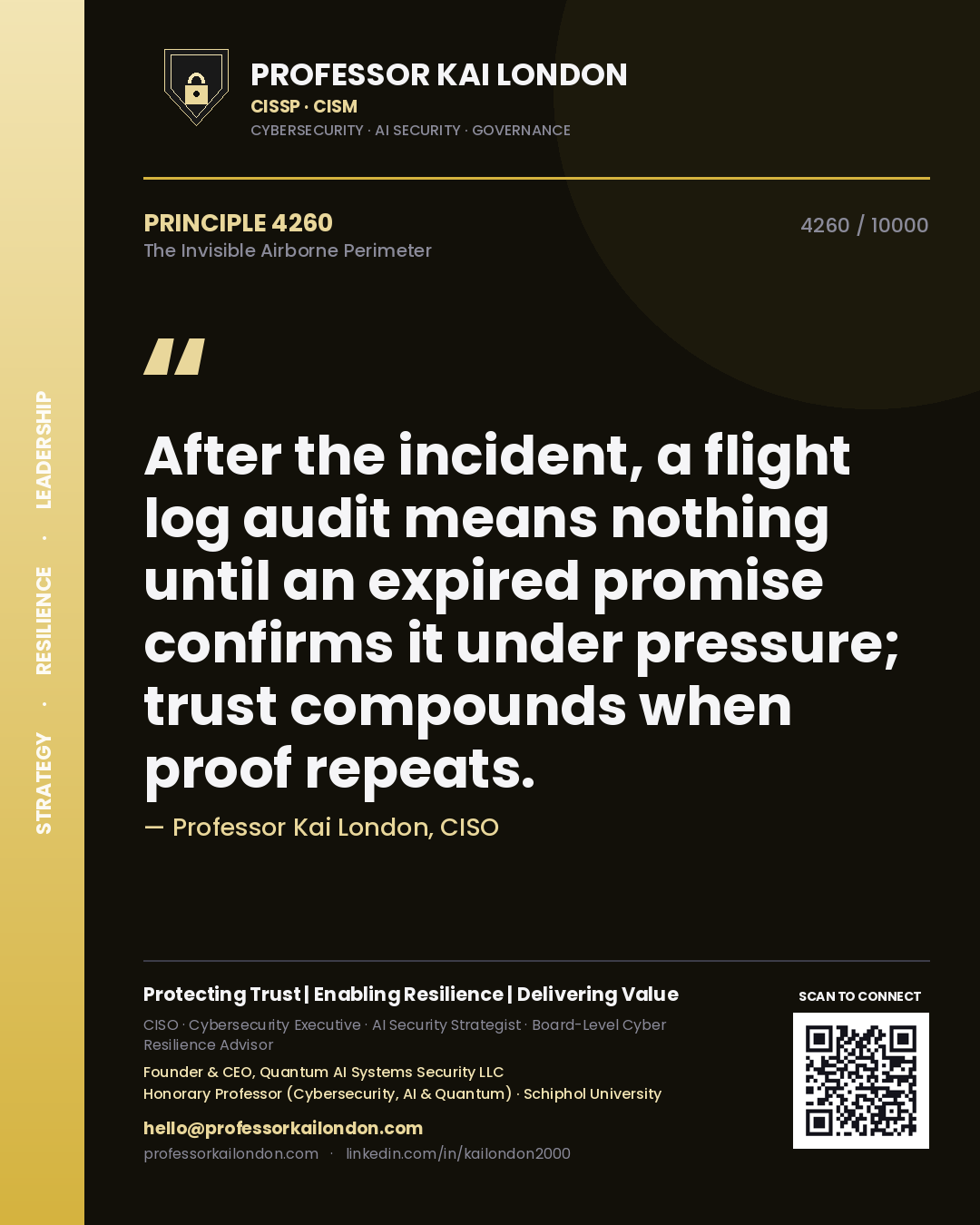 Quote card by Professor Kai London reading 'After the incident, a flight log audit means nothing until an expired promise confirms it under pressure; trust compounds when proof repeats.'. From the book The Invisible Airborne Perimeter.
