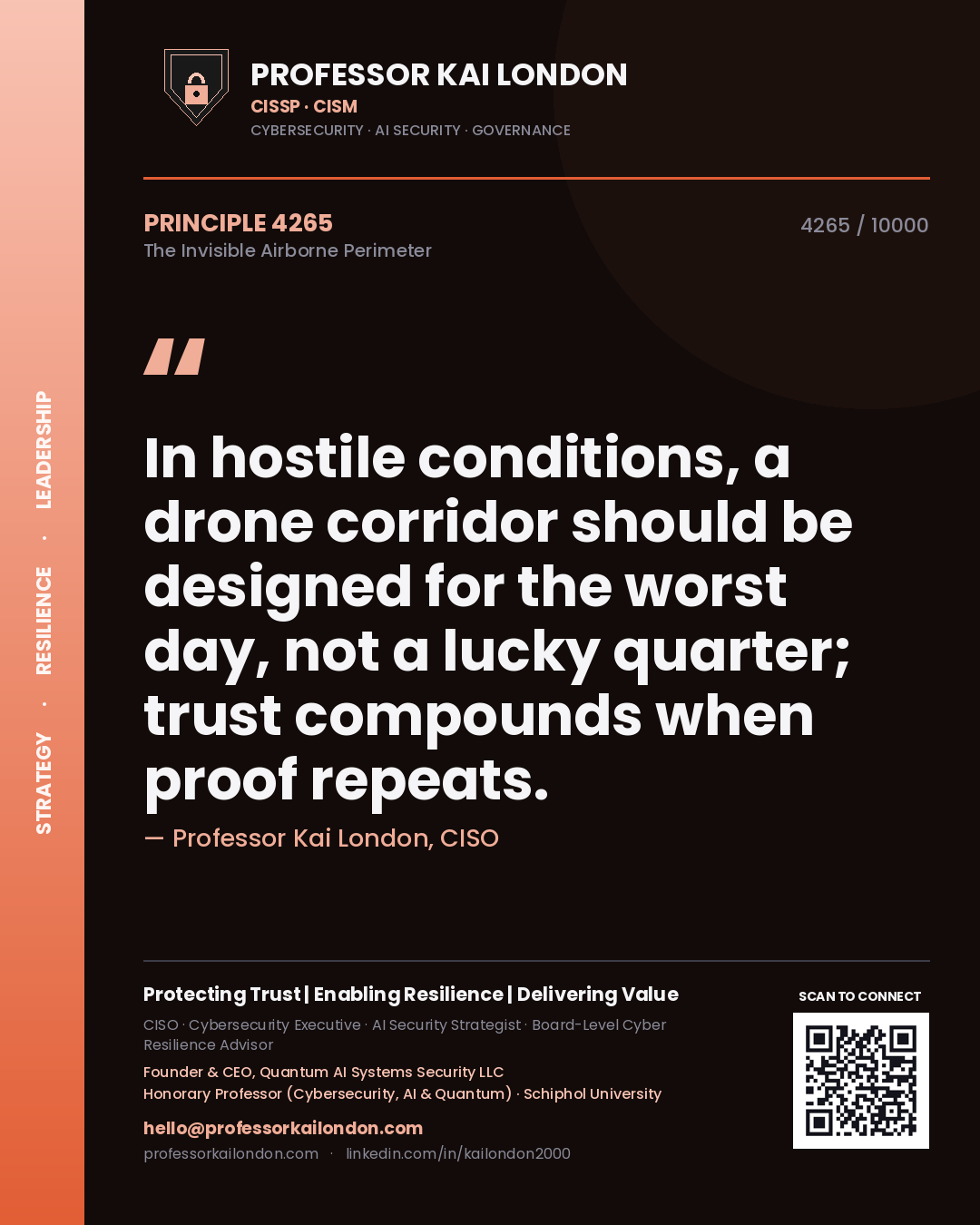 Quote card by Professor Kai London reading 'In hostile conditions, a drone corridor should be designed for the worst day, not a lucky quarter; trust compounds when proof repeats.'. From the book The Invisible Airborne Perimeter.