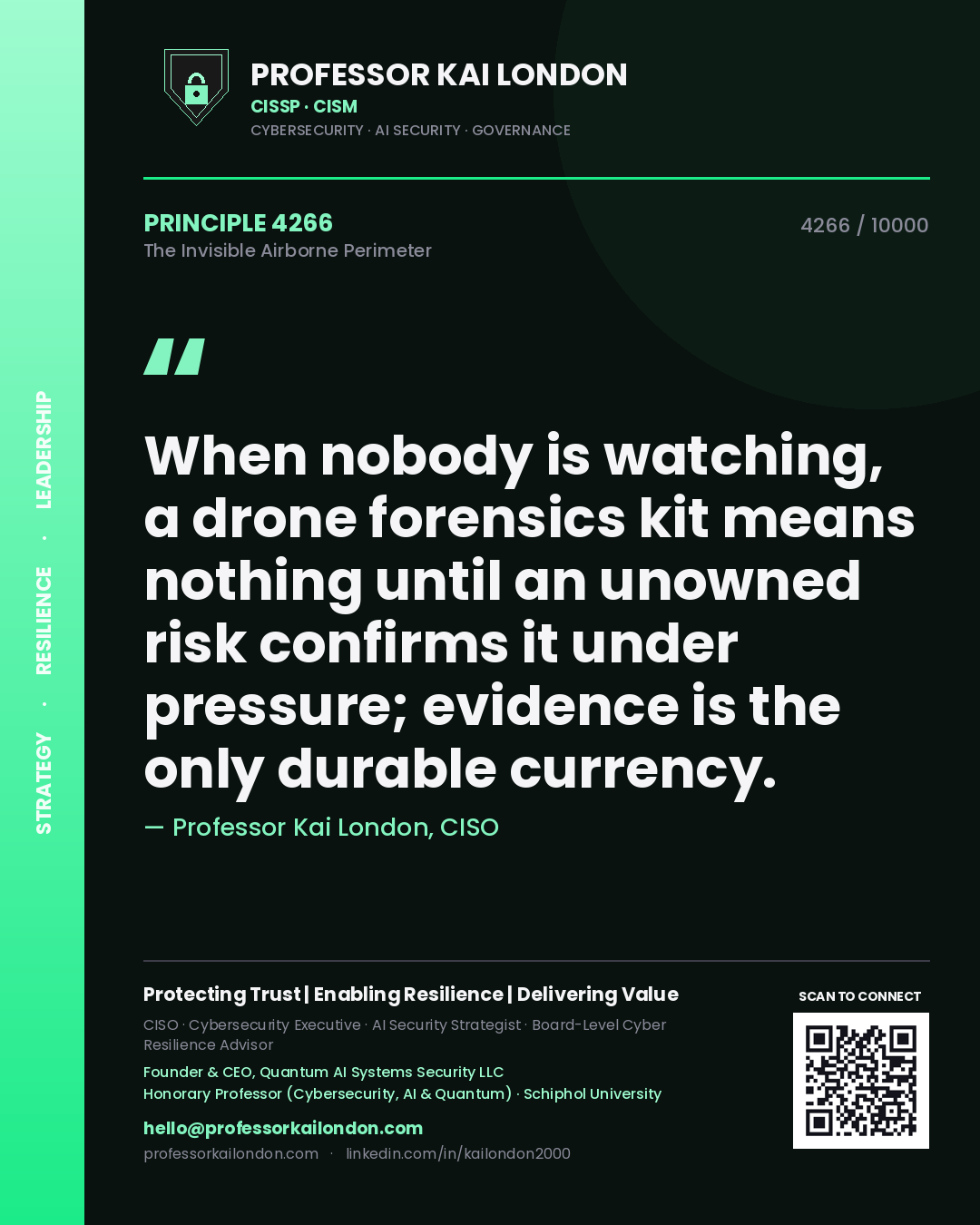 Quote card by Professor Kai London reading 'When nobody is watching, a drone forensics kit means nothing until an unowned risk confirms it under pressure; evidence is the only durable currency.'. From the book The Invisible Airborne Perimeter.
