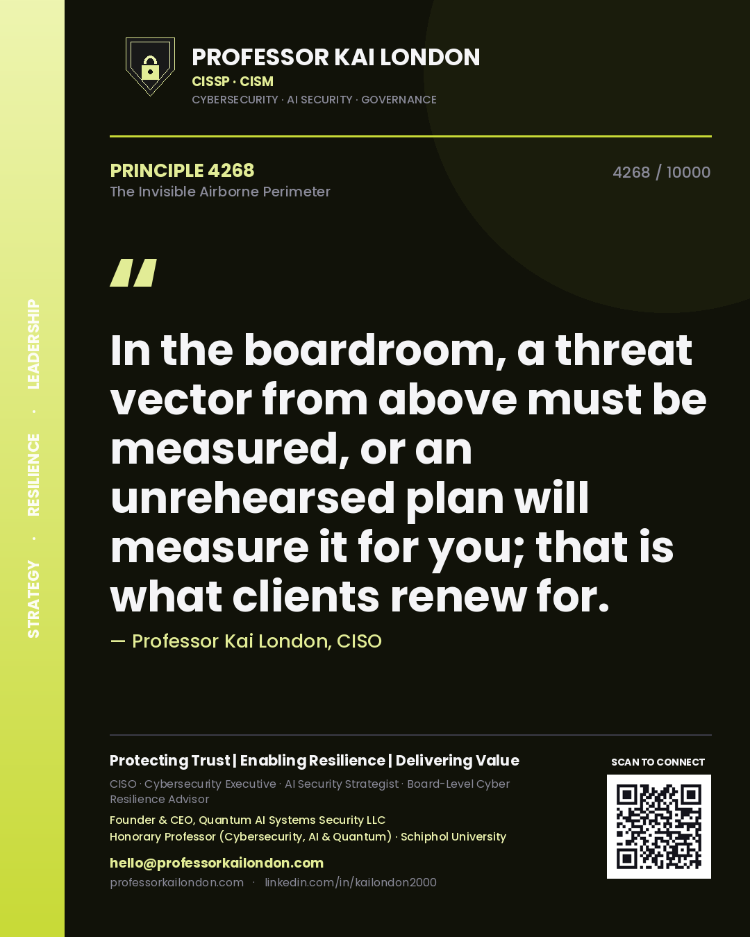 Professor Kai London principle 4268: In the boardroom, a threat vector from above must be measured, or an unrehearsed plan will measure it for you; that is what clients renew for.