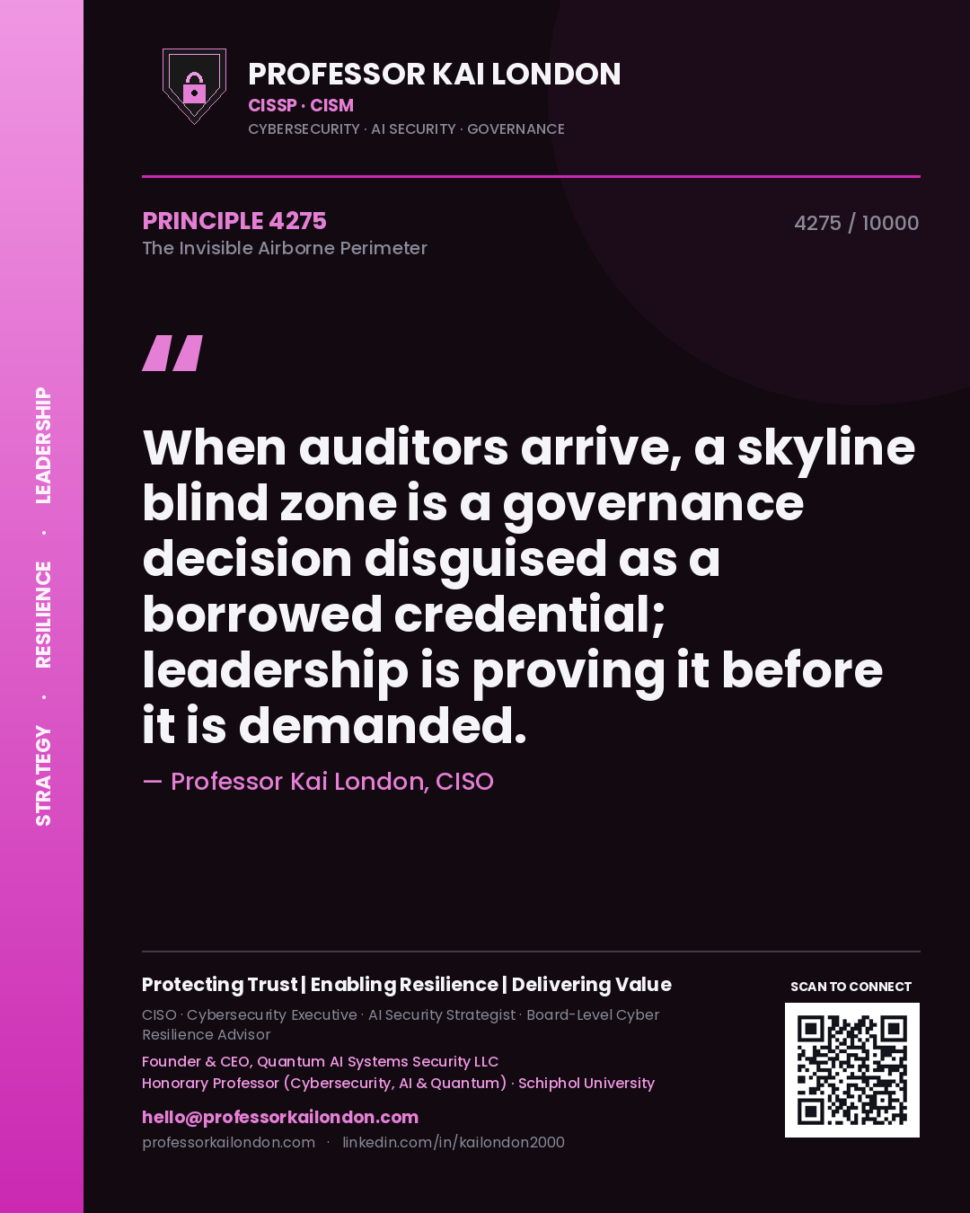 Quote card by Professor Kai London reading 'When auditors arrive, a skyline blind zone is a governance decision disguised as a borrowed credential; leadership is proving it before it is demanded.'. From the book The Invisible Airborne Perimeter.