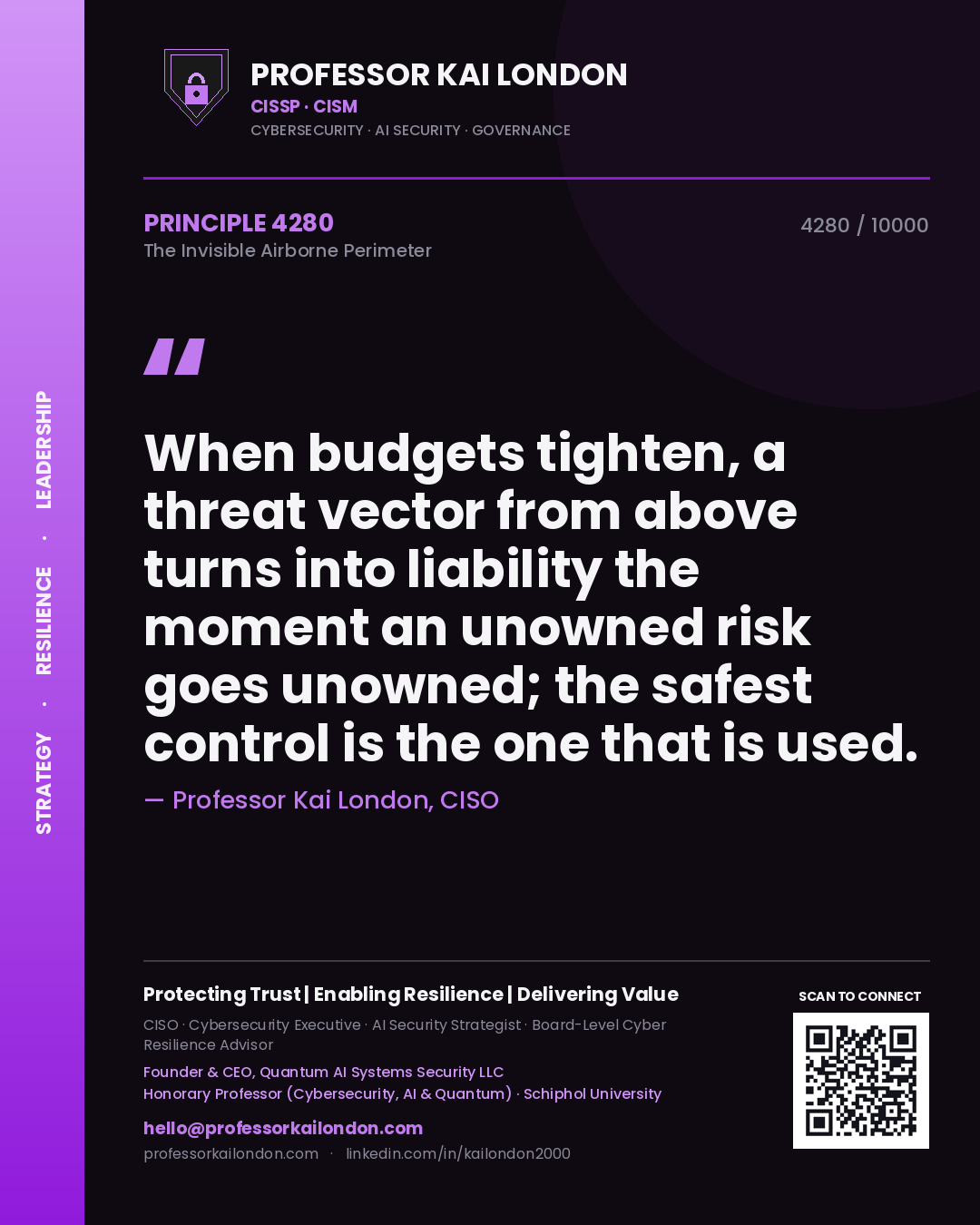 Professor Kai London principle 4280: When budgets tighten, a threat vector from above turns into liability the moment an unowned risk goes unowned; the safest control is the one that is used.