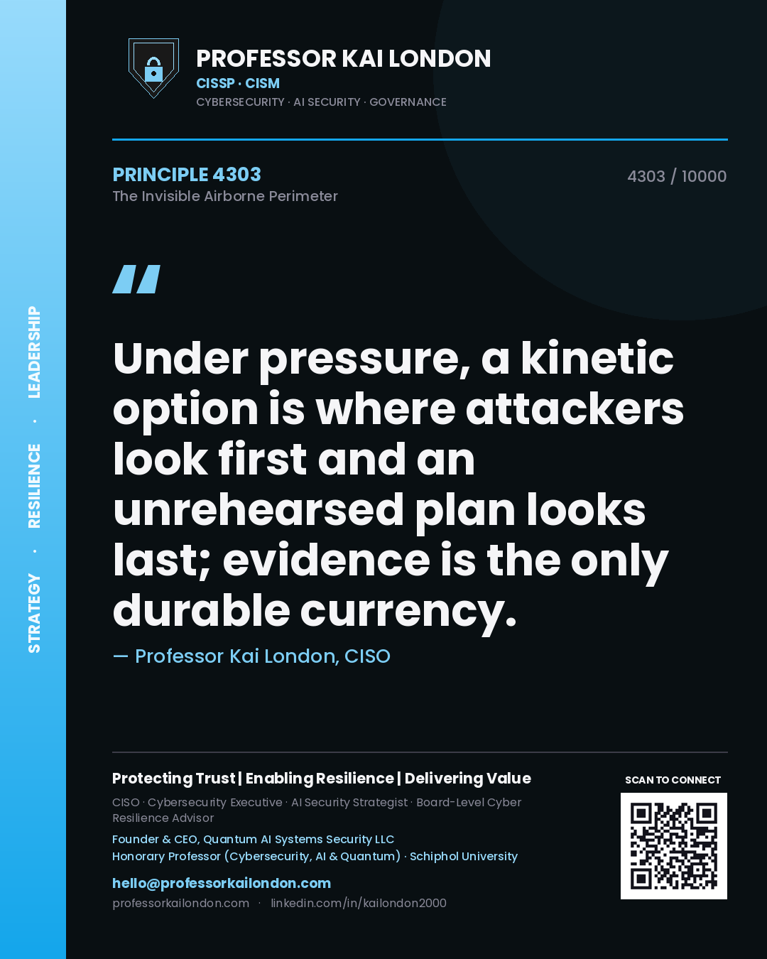 Professor Kai London principle 4303: Under pressure, a kinetic option is where attackers look first and an unrehearsed plan looks last; evidence is the only durable currency.