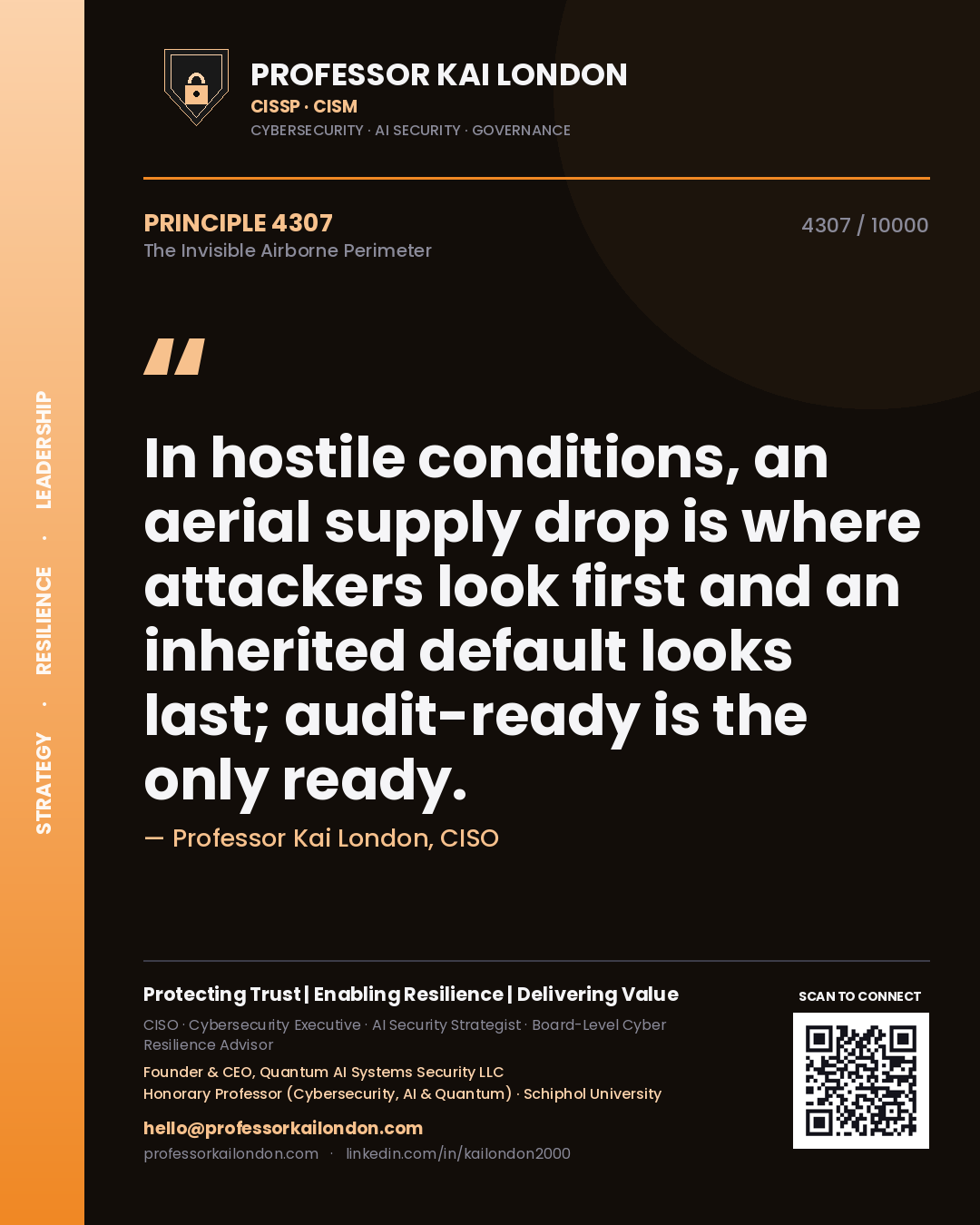 Professor Kai London principle 4307: In hostile conditions, an aerial supply drop is where attackers look first and an inherited default looks last; audit-ready is the only ready.