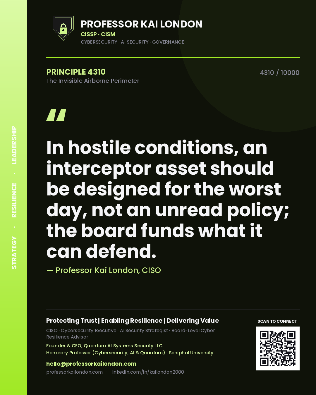 Professor Kai London principle 4310: In hostile conditions, an interceptor asset should be designed for the worst day, not an unread policy; the board funds what it can defend.
