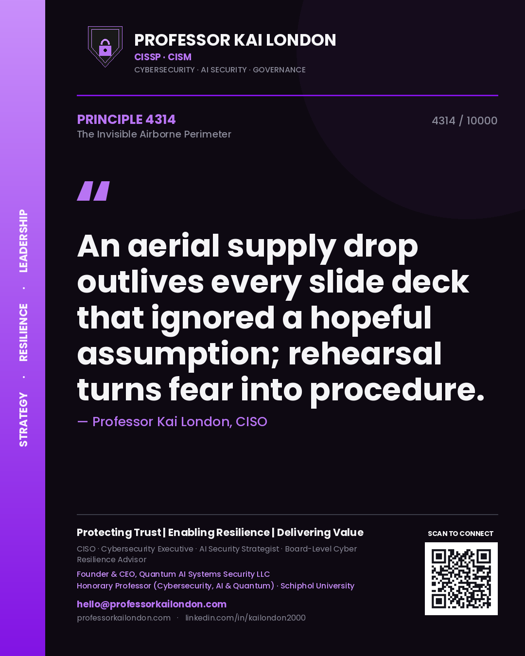 Quote card by Professor Kai London reading 'An aerial supply drop outlives every slide deck that ignored a hopeful assumption; rehearsal turns fear into procedure.'. From the book The Invisible Airborne Perimeter.