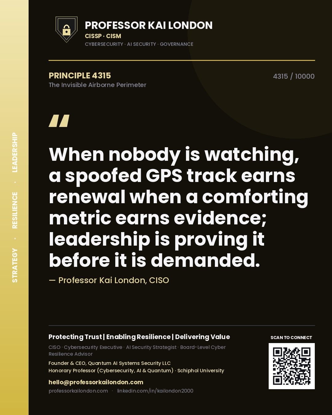 Quote card by Professor Kai London reading 'When nobody is watching, a spoofed GPS track earns renewal when a comforting metric earns evidence; leadership is proving it before it is demanded.'. From the book The Invisible Airborne Perimeter.