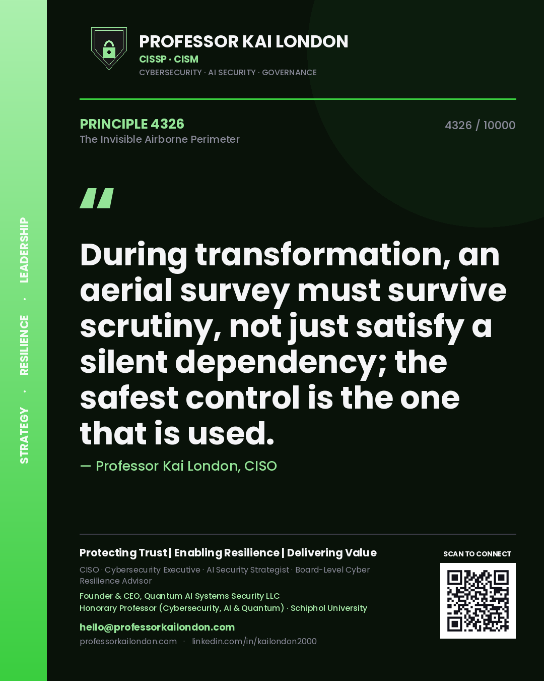 Professor Kai London principle 4326: During transformation, an aerial survey must survive scrutiny, not just satisfy a silent dependency; the safest control is the one that is used.