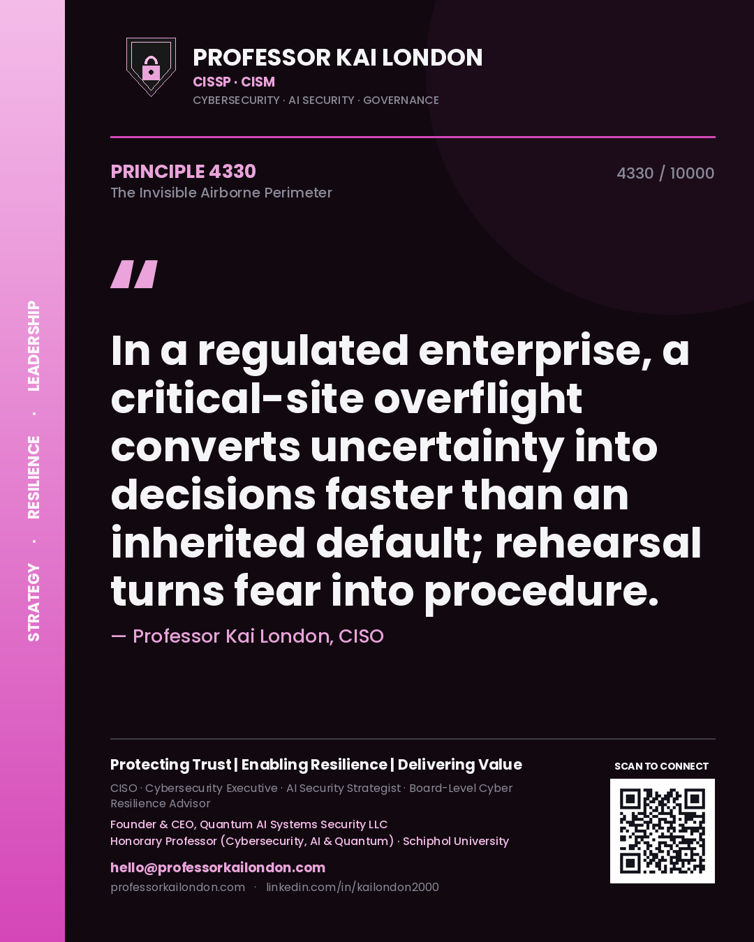 Professor Kai London principle 4330: In a regulated enterprise, a critical-site overflight converts uncertainty into decisions faster than an inherited default; rehearsal turns fear into procedure.