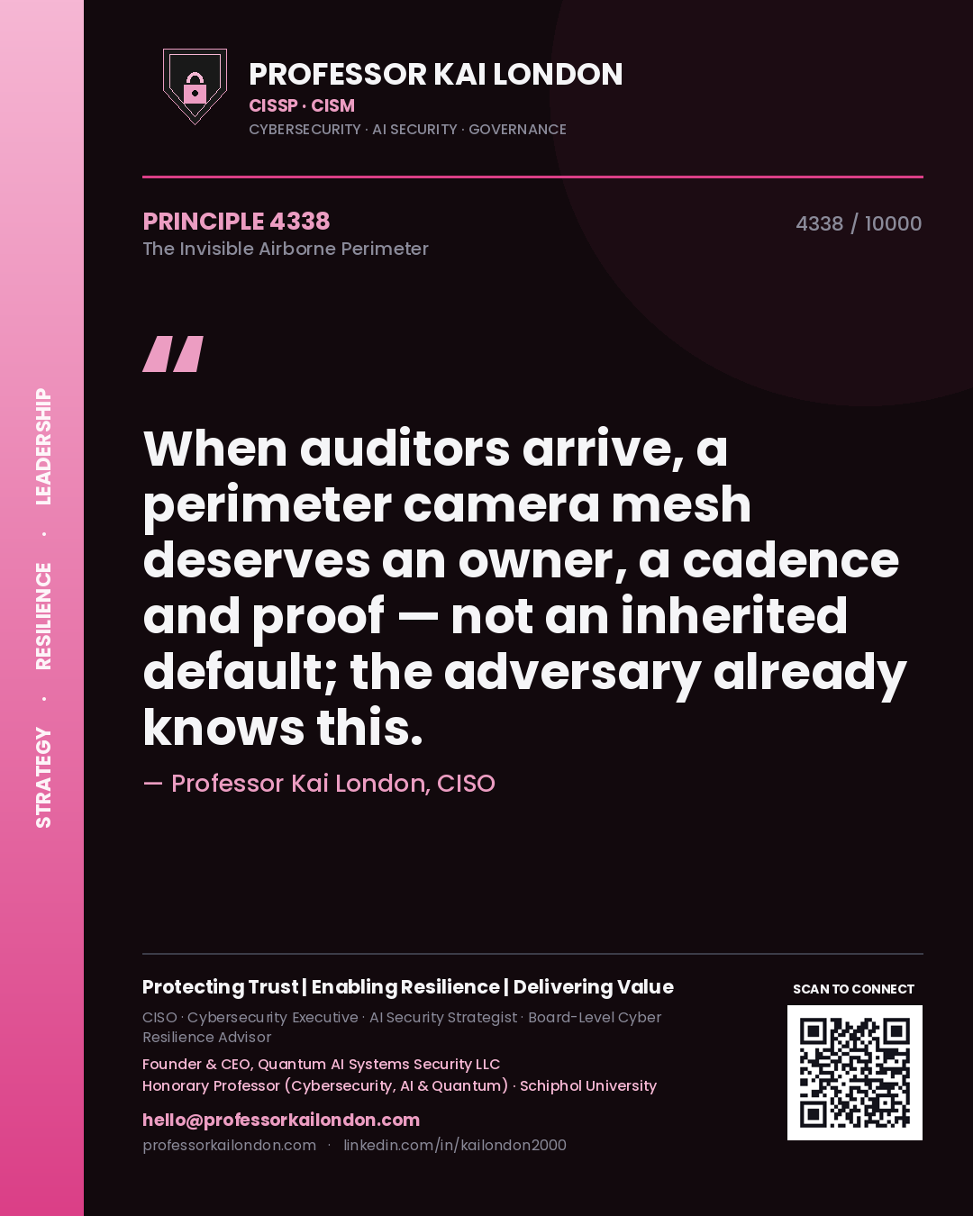 Professor Kai London principle 4338: When auditors arrive, a perimeter camera mesh deserves an owner, a cadence and proof — not an inherited default; the adversary already knows this.