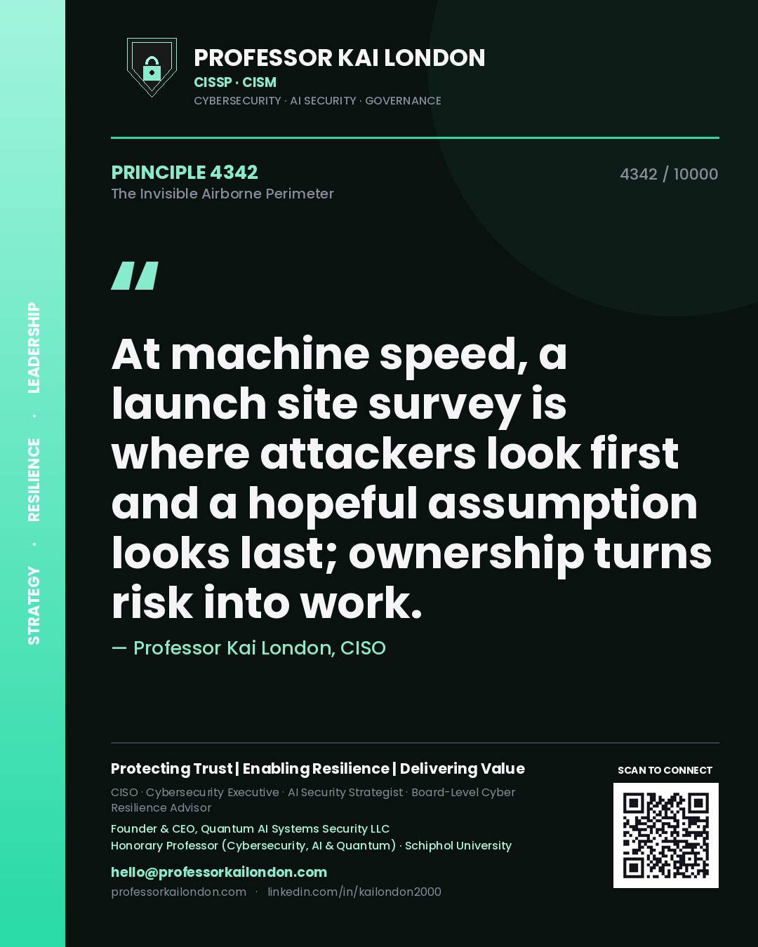 Professor Kai London principle 4342: At machine speed, a launch site survey is where attackers look first and a hopeful assumption looks last; ownership turns risk into work.