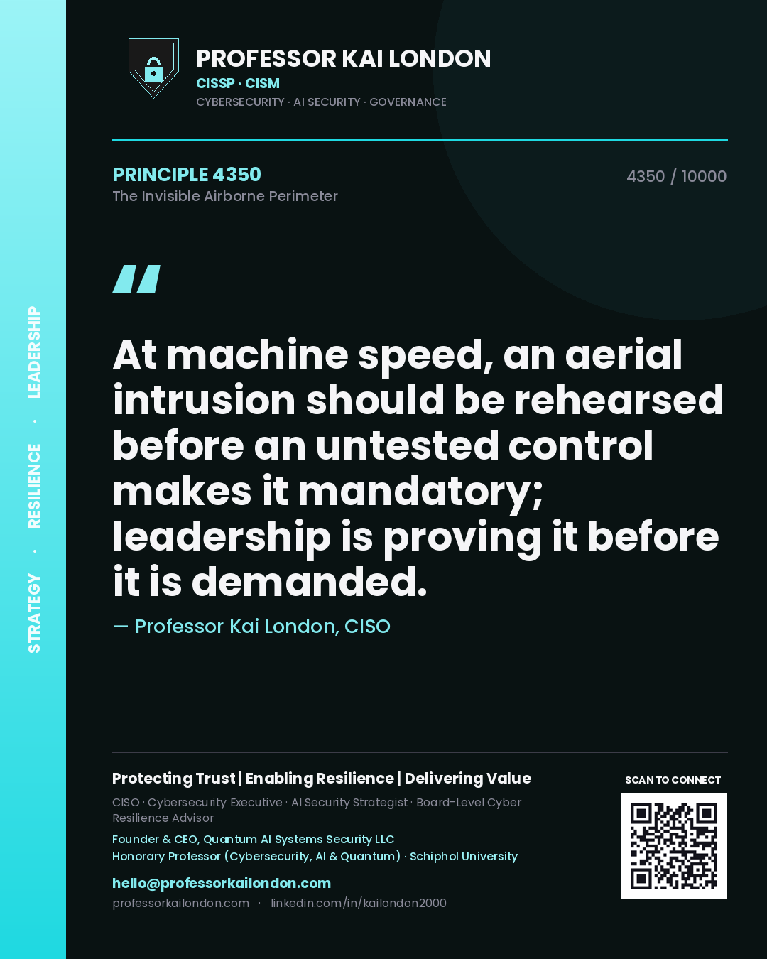 Professor Kai London principle 4350: At machine speed, an aerial intrusion should be rehearsed before an untested control makes it mandatory; leadership is proving it before it is demanded.