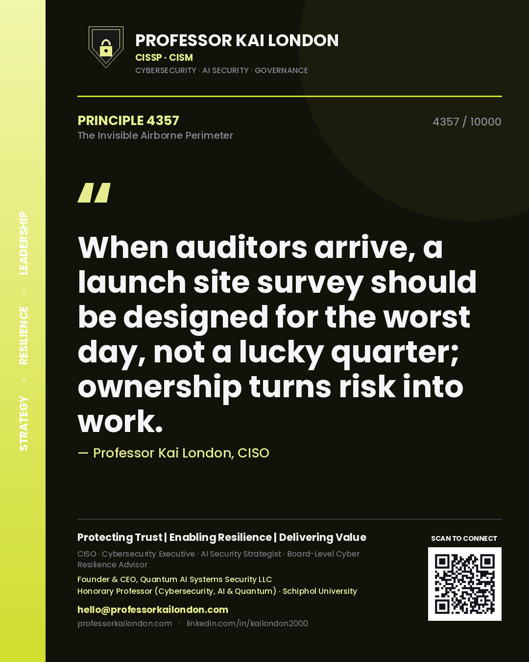Professor Kai London principle 4357: When auditors arrive, a launch site survey should be designed for the worst day, not a lucky quarter; ownership turns risk into work.