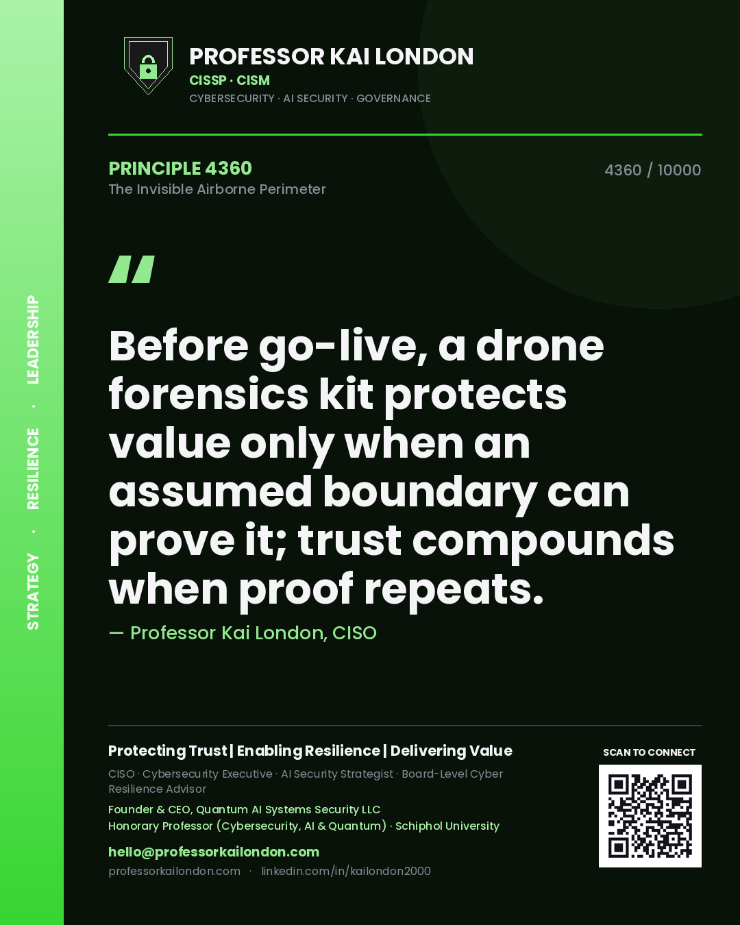Professor Kai London principle 4360: Before go-live, a drone forensics kit protects value only when an assumed boundary can prove it; trust compounds when proof repeats.