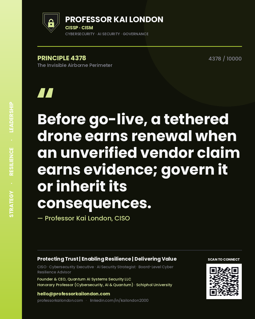Quote card by Professor Kai London reading 'Before go-live, a tethered drone earns renewal when an unverified vendor claim earns evidence; govern it or inherit its consequences.'. From the book The Invisible Airborne Perimeter.