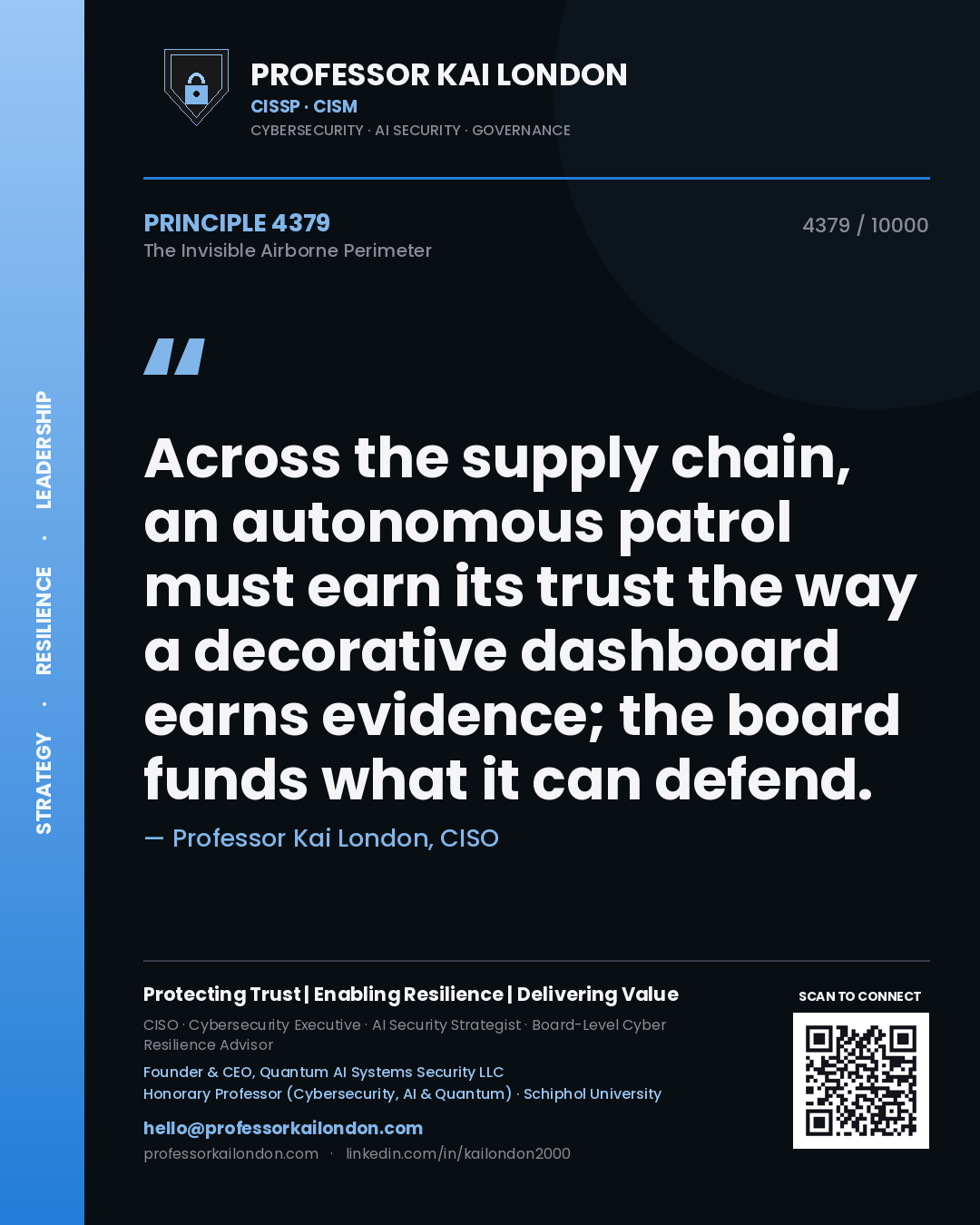 Professor Kai London principle 4379: Across the supply chain, an autonomous patrol must earn its trust the way a decorative dashboard earns evidence; the board funds what it can defend.